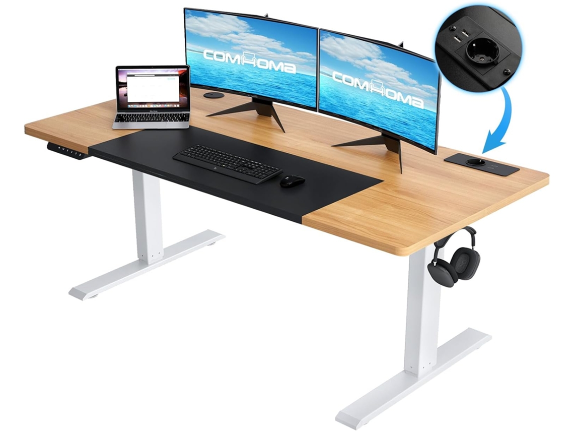 Comhoma Mesa De Escritorio Sentada De Pie Eléctrico 140 X 60, Mesa Ajustable En Altura, Para Oficina, Dormitorio, Madera