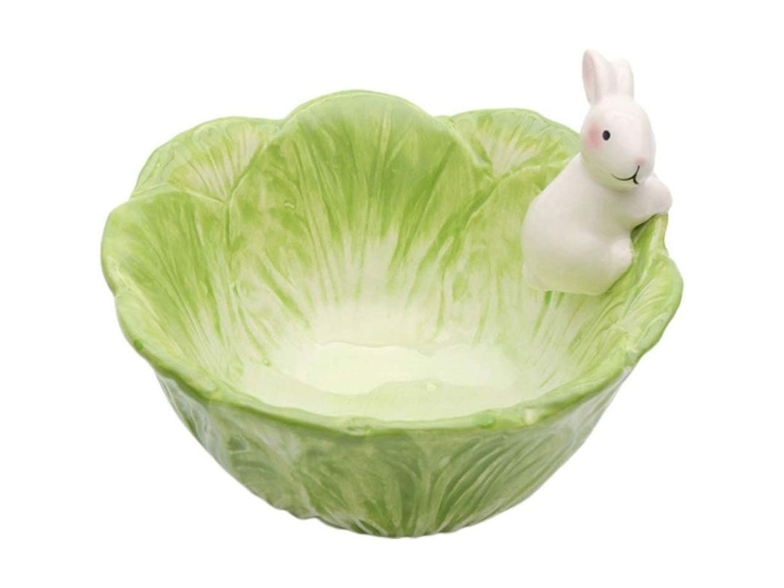 Bol De Ensalada De Cerámica Con Forma De Repollo Y Una Linda Decoración De Conejito - Multiusos