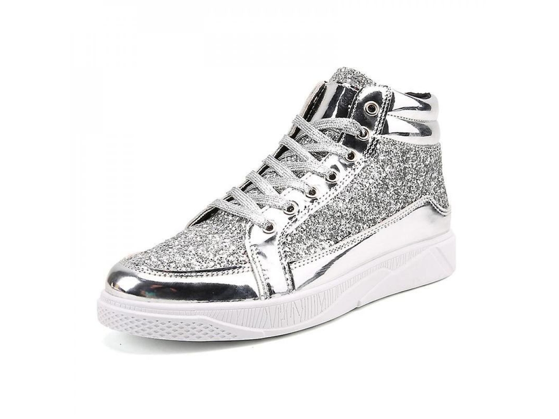2026-zapatillas Altas Con Glitter Para Hombres, Deportivas Casuales De Cuero Con Cordones, Zapatos Para Fiesta Y Ocasiones Diarias 39 Plata