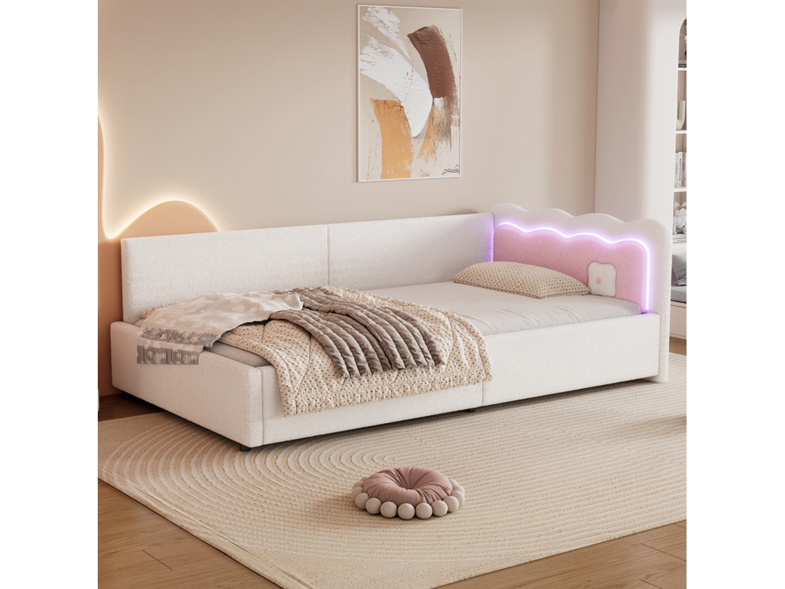 Sofá Cama Individual De Terciopelo Blanco De 90x200 Cm Con Led.
