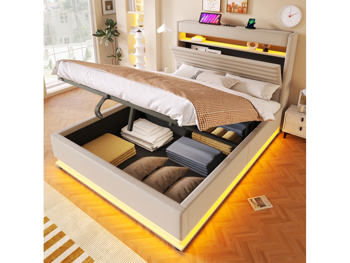 Cama Plegable Beige 140x200 Cm, Usb-c, Led, Almacenamiento Hidráulico, Compartimento Abatible, Sin Colchón.