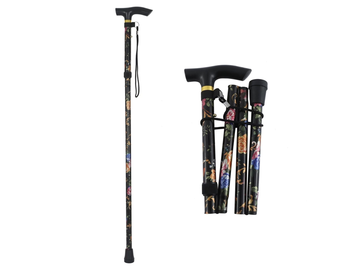 Bastón Plegable Ligero, Portátil Y Ajustable Con Empuñadura En Forma De T Y Correa Para La Muñeca Con Estampado Floral Negro.