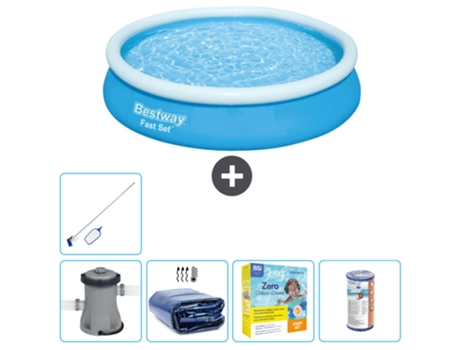 Piscina hinchable redonda Fast Set BESTWAY - 366 x 76 cm - Azul - Bomba incluida Vela solar - Paquete de mantenimiento - Filtrar - kit de limpieza