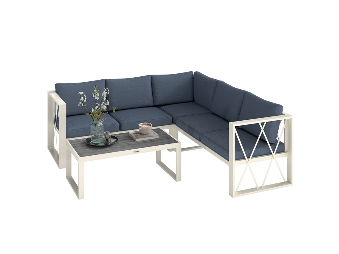 Conjunto De Muebles De Jardín Para Exteriores Con Sofá Esquinero Y Mesa, En Color Beige Y Gris.