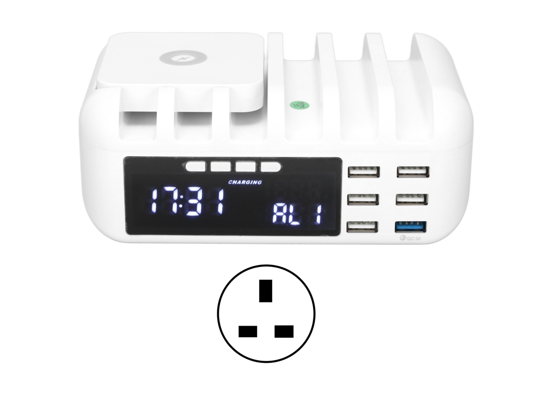 Cargador Multifuncional De 5 Puertos Con Carga Usb Rápida Y Reloj Digital Para Teléfonos Móviles, Enchufe Británico De 110-240 V.