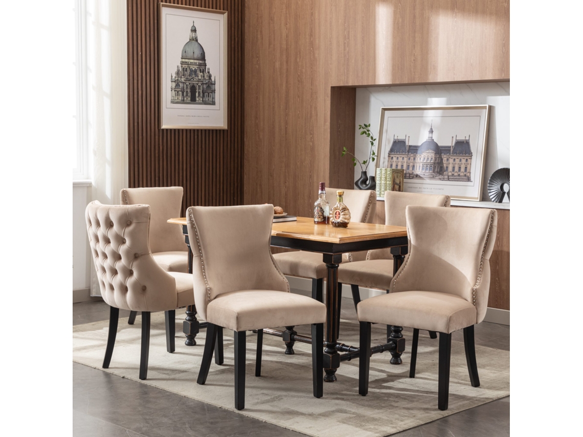 Juego de 6 sillas góndola de terciopelo con patas de madera maciza, estilo beige
