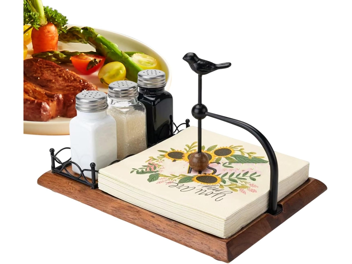 Servilletero rústico con compartimento para molinillo de sal, soporte de mesa con diseño rústico de pájaro Vayotoy