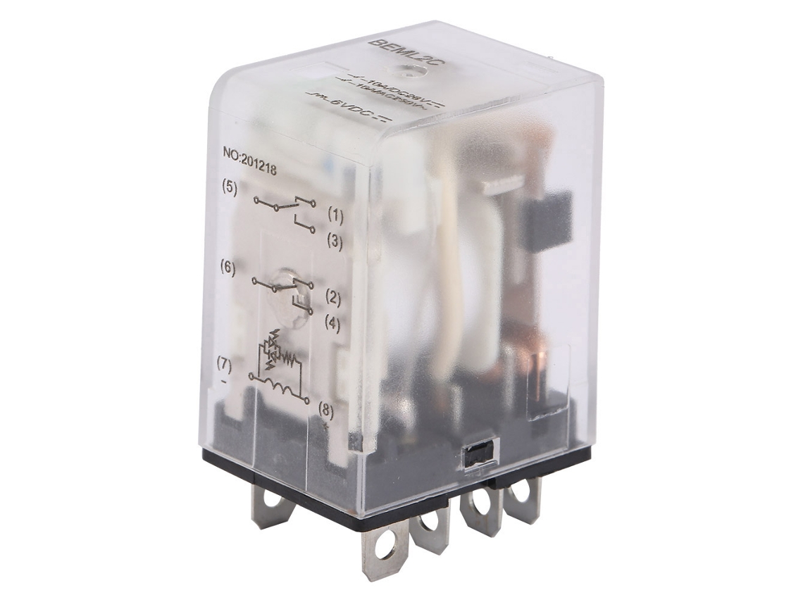 Relé Electromagnético Beml2c De 8 Pines, 10 A, 6 V Cc Con Indicador Verde (dos Abiertos, Dos Cerrados).