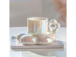 Juego de taza y plato de café, taza de cerámica con asa floral, blanca, 300 ml, para capuchino, espresso y té.
