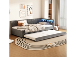 Sofá Cama De 90x200 Con Cama Extraíble, Usb-c Led, Lamas Grises
