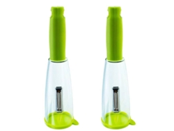 Pelador de frutas y verduras Linjou, juego de 2 piezas con cuchillas de acero inoxidable y recipiente.