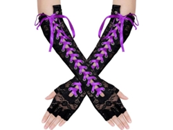 Guantes Sin Dedos Con Correas Y Cordón Para Fiestas De Disfraces, Guantes Largos Hasta El Codo, Negros Con Cinta Morada.