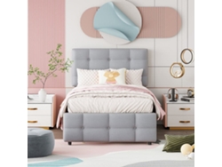 Cama Nido Capitoné 90x200cm - Cabecero Regulable - Tejido Lino - Gris