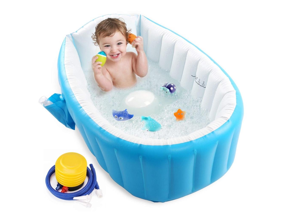 Cama inflable para bebés y niños pequeños con bomba de pie, kit de reparación, portátil y plegable, color azul