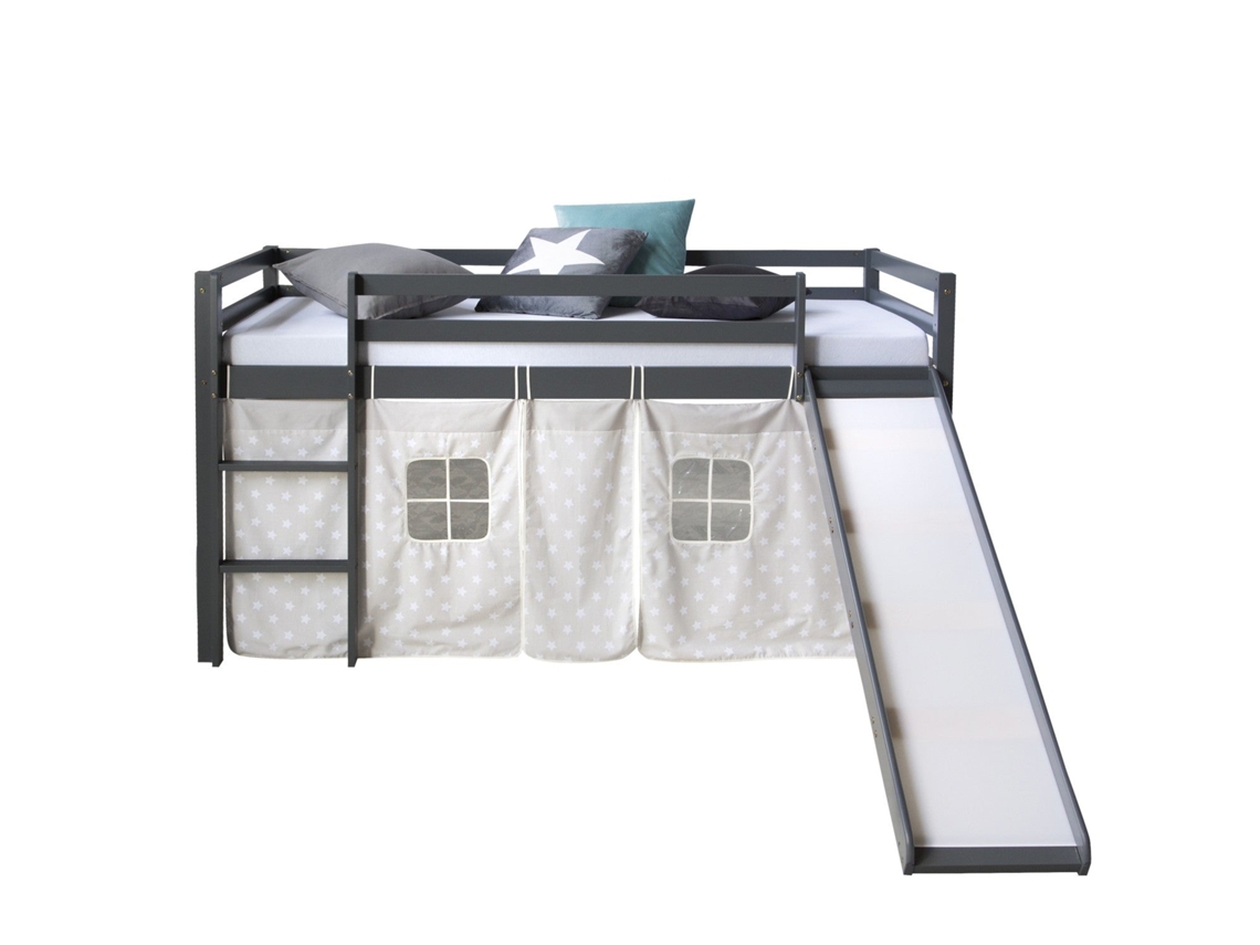 Cama Alta Infantil 90x200cm Con Escalera Y Tobogán En Madera Gris Con Tejido De Estrellas Lit06173