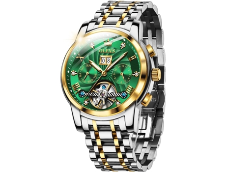 VEANXIN Reloj automático para hombre con calendario, acero inoxidable, luminoso, resistente al agua(Verde)