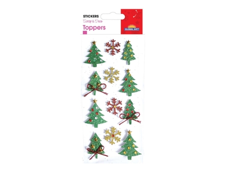 Pegatinas navideñas en relieve - Árboles de Navidad y copos de nieve con purpurina