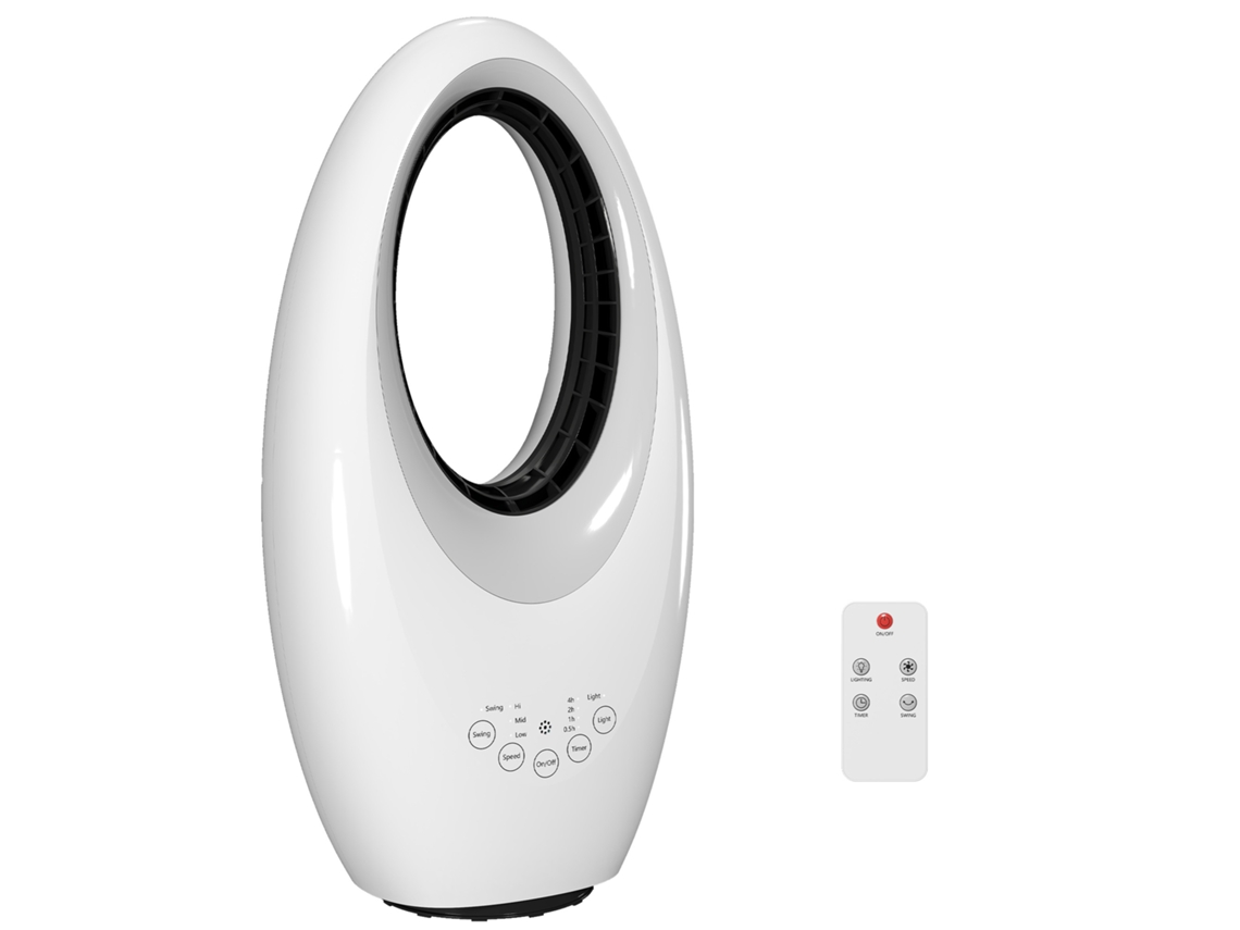 Ventilador de torre silencioso sin aspas de 36 dB con oscilación de 60°, luz LED, temporizador de 7,5 horas y mando a distancia.