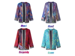 Chaqueta Vintage Para Mujer Con Estampado, Mangas Largas, Abertura Frontal Y Bolsillos, Estilo Casual.