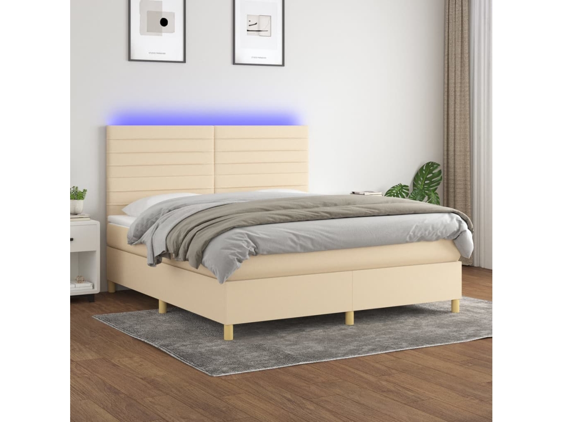 Cama Box Spring Colchón Y Luces Led Tela Crema 180x200 Cm