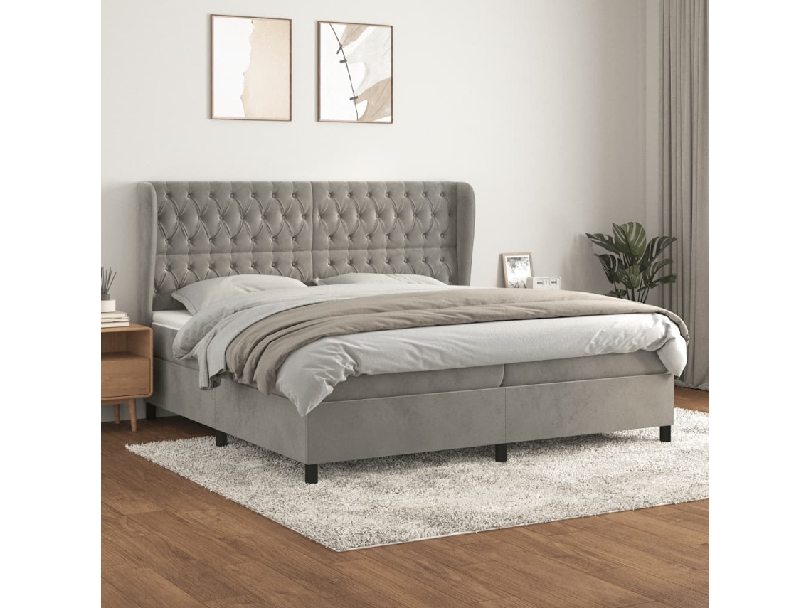 Cama Box Spring Con Colchón Terciopelo Gris Claro 200x200 Cm