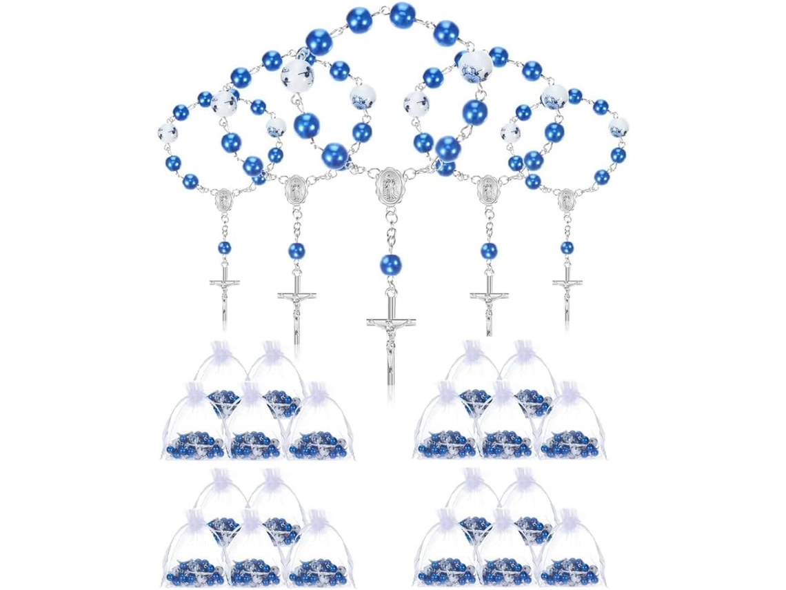 Mini Rosario Bautismal Azul con 25 Cuentas de Organza Ideal para Regalos de Fiesta Gokoco