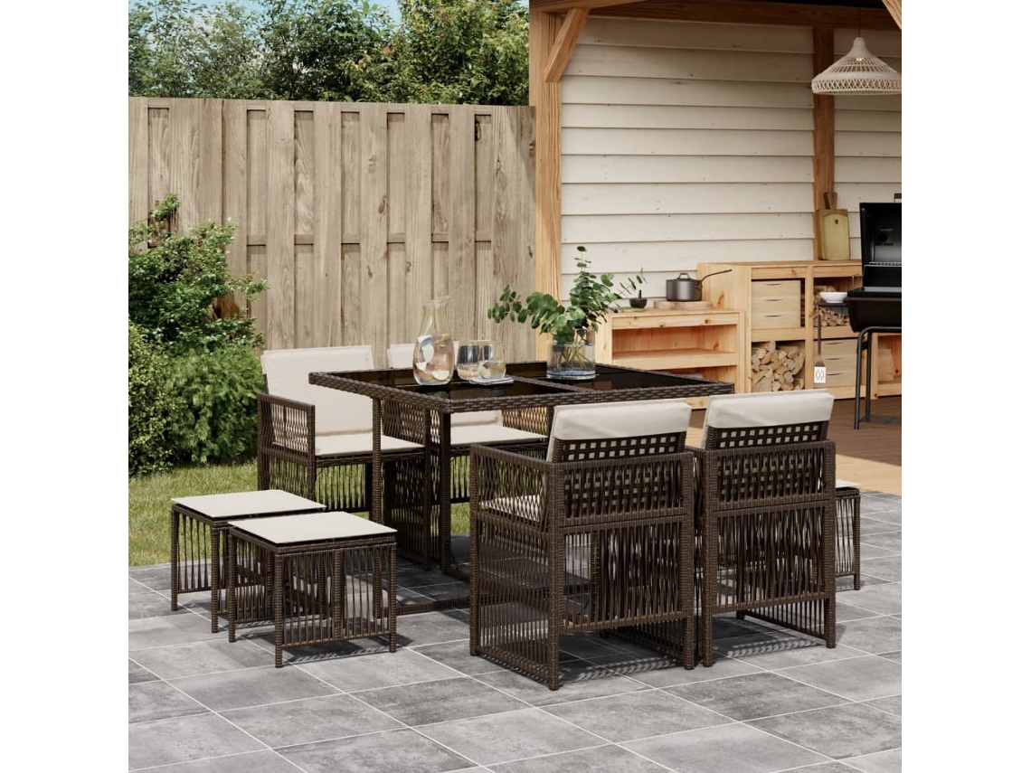 Juego de comedor de jardín de 9 piezas con cojines de mimbre marrón DKD Home Decor