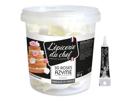 30 rosas de papel de oblea color blanco + tubo de glaseado negro