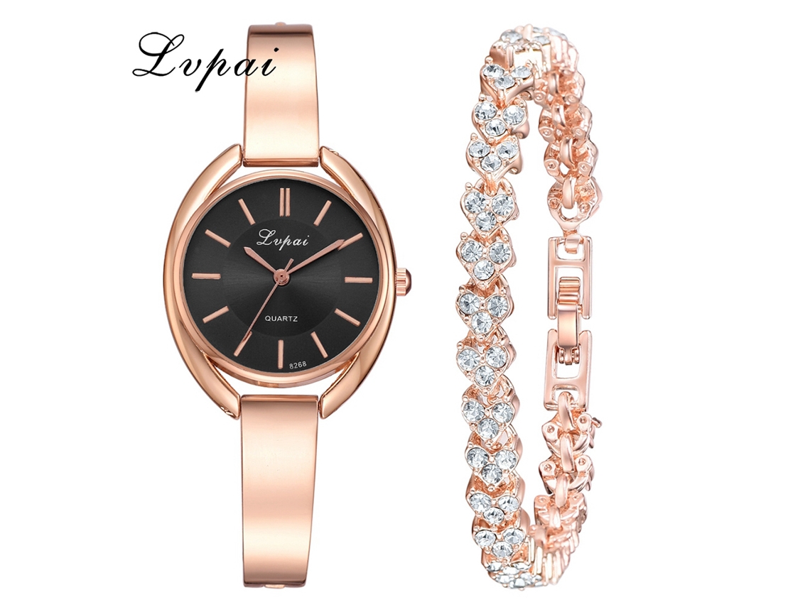 Reloj De Pulsera De Cuarzo Para Mujer Con Delicada Pulsera Negra De Oro Rosa.