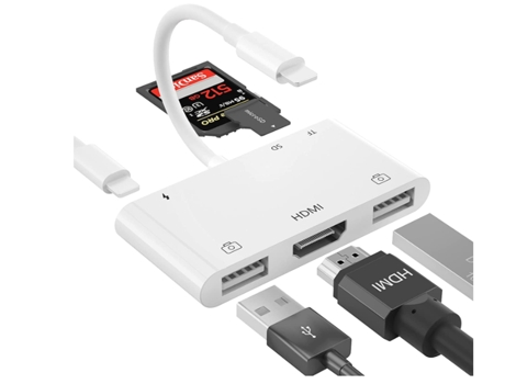 Adaptador HDMI para iPhone, concentrador USB HDMI, convertidor AV digital HDMI 6 en 1, lector de tarjetas TF SD para iPhone, blanco BISBISOUS