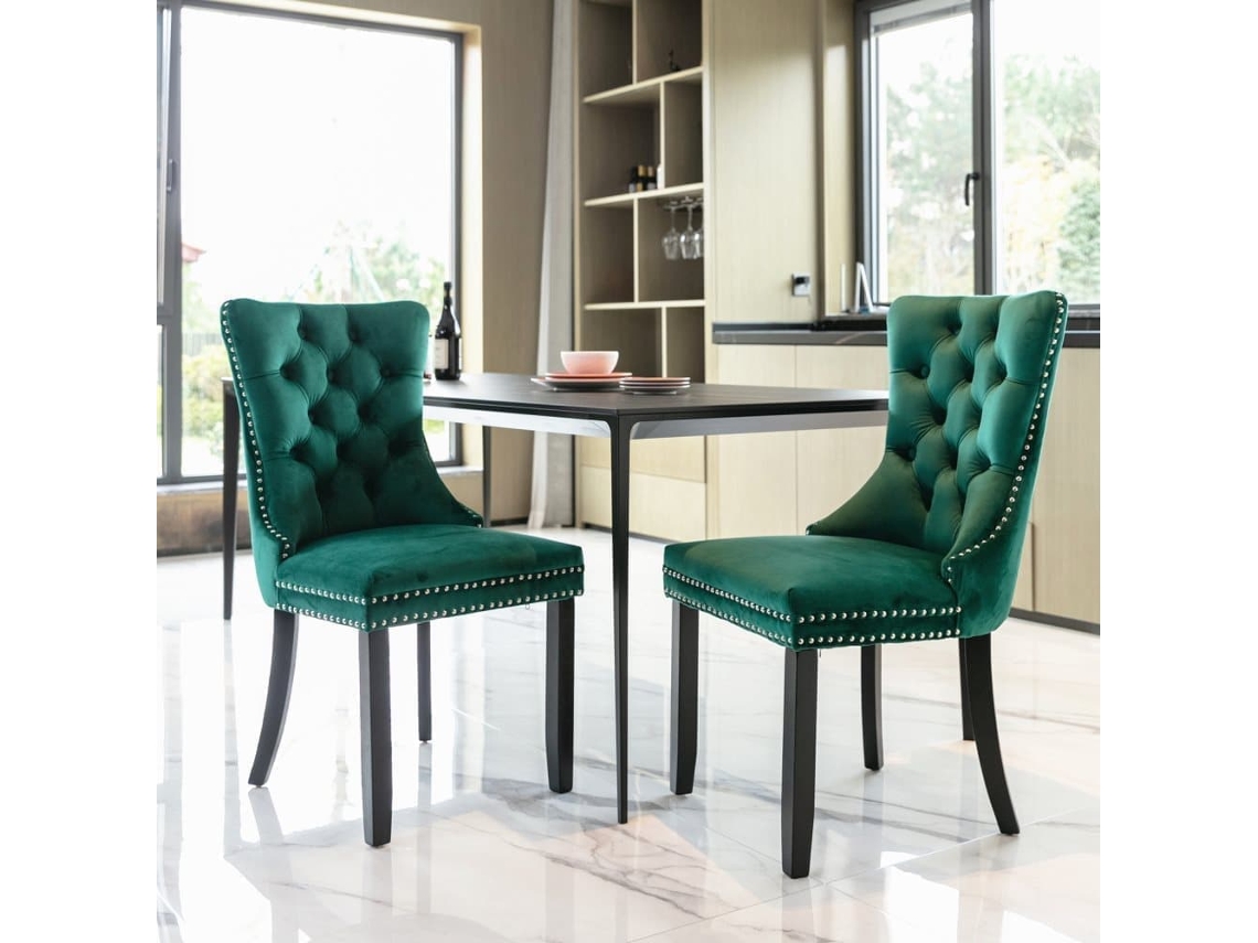 Sillas De Comedor 2 Uds - Terciopelo Capitoné, Patas De Madera, Tachuelas - Verde