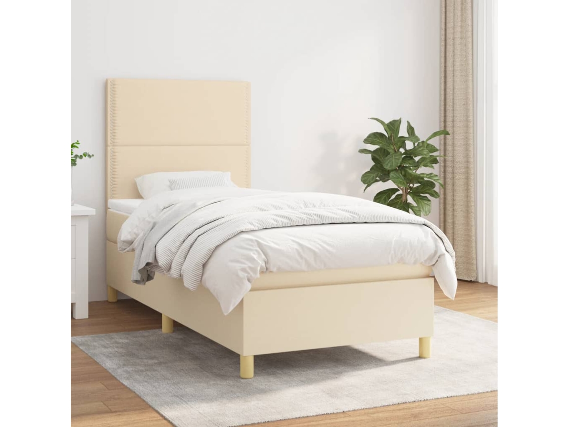 Cama Box Spring Con Colchón Tela Color Crema 90x190 Cm