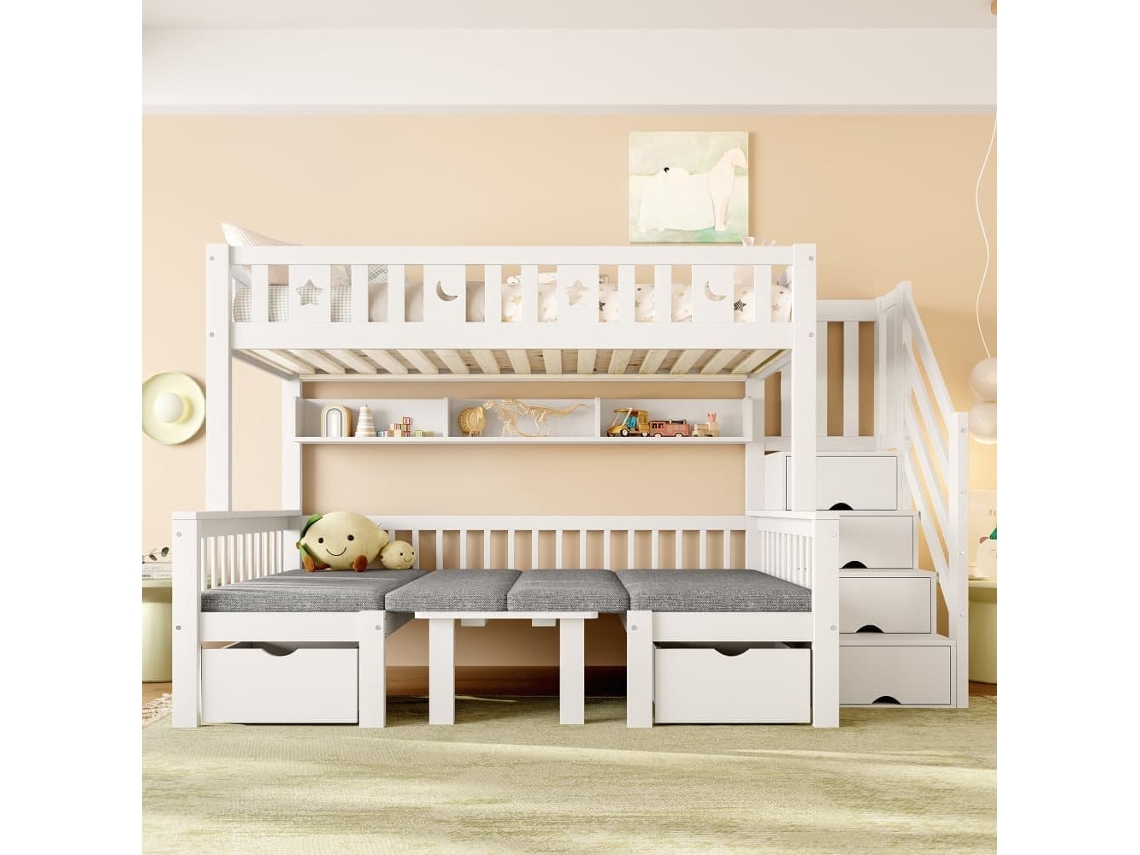 Cama Alta Multifuncional 90x200 Cm - Cama Y Escritorio 2 En 1, Escalera Con Almacenamiento, Barandilla Decorativa Con Estrellas Y Luna - Blanco