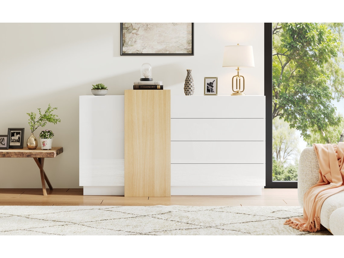 Aparador Brillo 150x37x87 Cm Con 2 Puertas Con 4 Cajones Estilo MDF Blanco