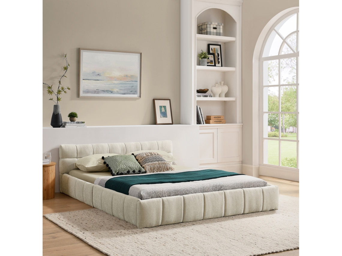Cama Doble De Chenilla De 140x200 Cm, Madera De Eucalipto, Color Beige Y Hierro.