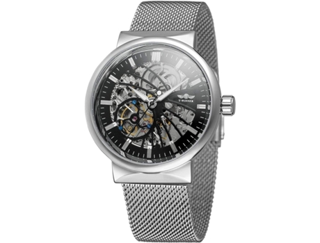 VEANXIN Reloj de pulsera impermeable de acero inoxidable con esqueleto automático-Negro plata