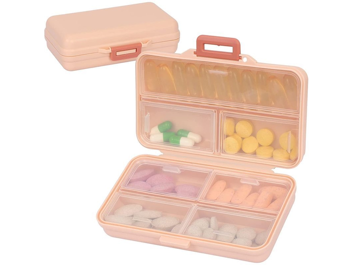 Organizador semanal de medicamentos, estuche portátil con 7 compartimentos para viajes, color rosa.
