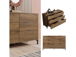 Cómoda De 6 Cajones, Roble Oscuro, 120x40x76cm, Para Salón O Dormitorio, Techos Altos.