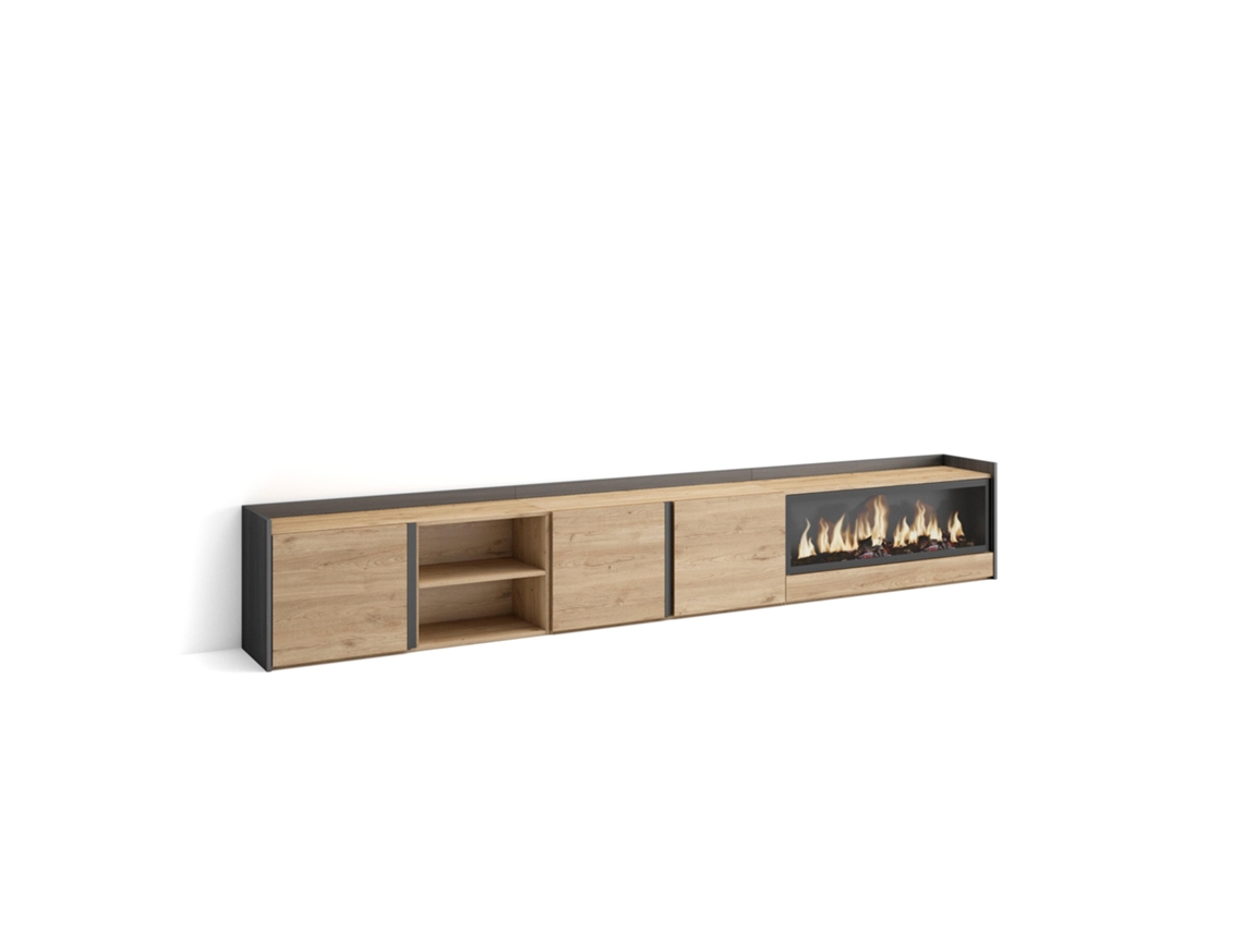 Mueble Tv, Televisión, 315x35x50cm, Para Tv Hasta 80", Chimenea Eléctrica Xxl, Roble Y Negro