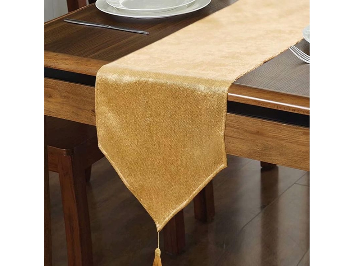 2026-mantel De Mesa Falso Lino Brillante Lavable Con Borlas Dorado Flash 14x120 Pulgadas