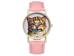 Reloj De Pulsera Zhoulianfa Para Mujer Con Elegante Estampado De Gato Y Correa De Piel Sintética Rosa.