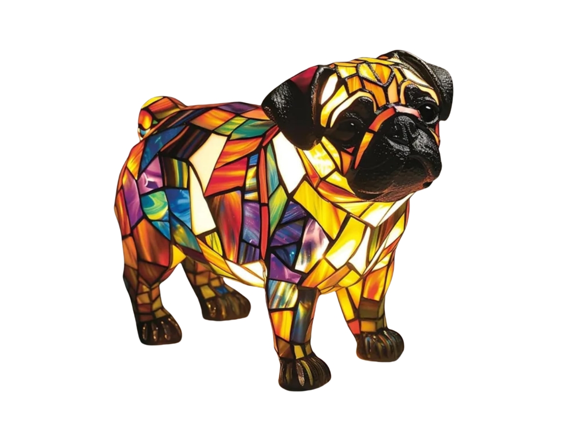Lámpara de sobremesa o mesita de noche con estampado de perro, realizada en resina coloreada y esmalte.
