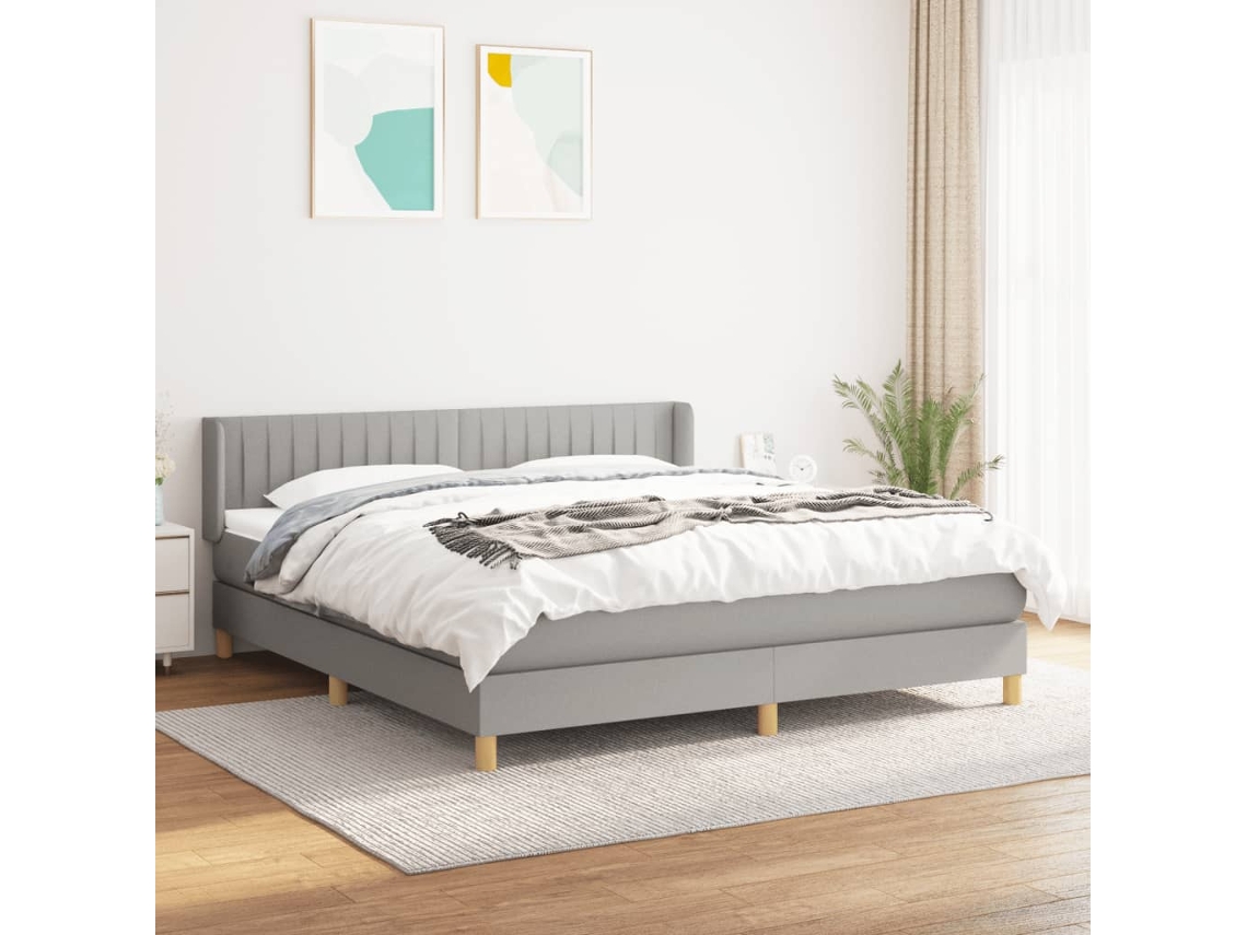 Cama Box Spring Con Colchón Tela Gris Claro 160x200 Cm