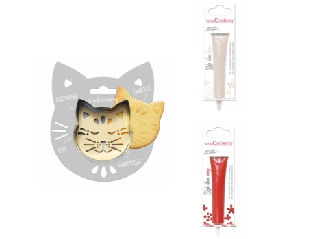 Kit de galletas en relieve para gatos + 2 bolígrafos de chocolate rojos y blancos