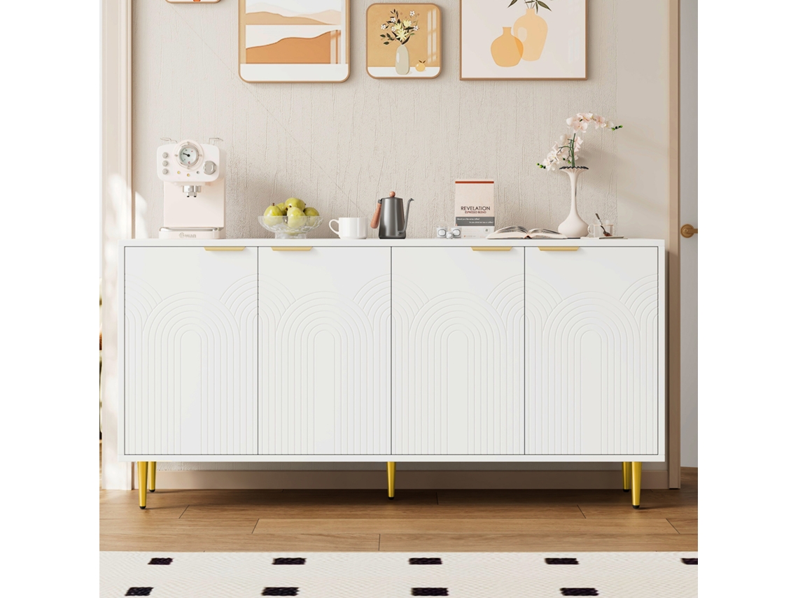 Aparador 160x80x40 Cm - 4 Puertas, Tiradores Dorados Cepillados, Patas De Alto Brillo - Blanco