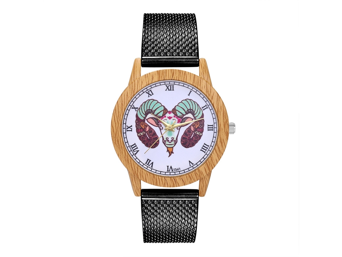 Reloj De Pulsera Unisex Con Correa De Malla Con Estampado Animal Y Esfera Redonda Negra.