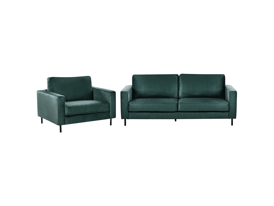 Conjunto de sofá y sillón de 3 plazas Savalen de Beliani en terciopelo verde, 204 x 91 x 87 cm