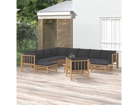 Conjunto 12 de muebles de jardín VIDAXL bambú con cojines gris oscuro