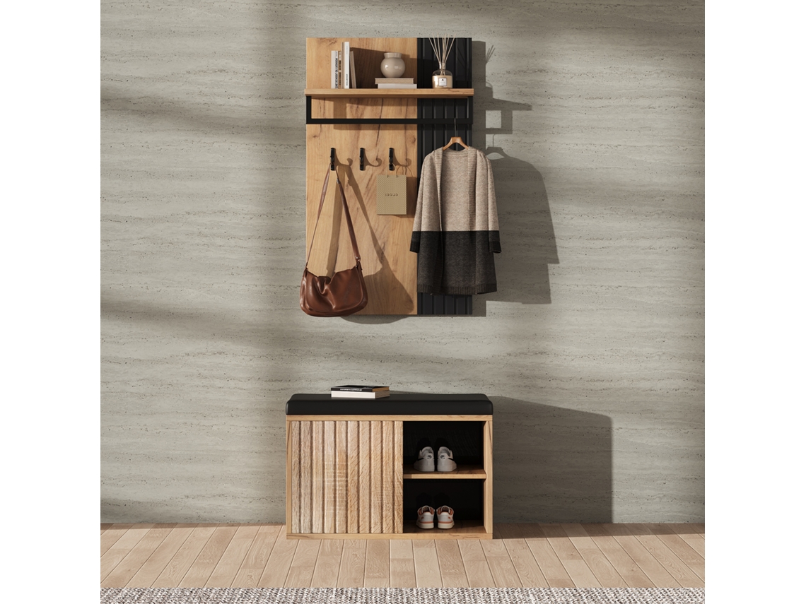 Mueble de entrada con 2 puertas y 3 ganchos, negro y natural, 70x36x146 cm, MOBRIO