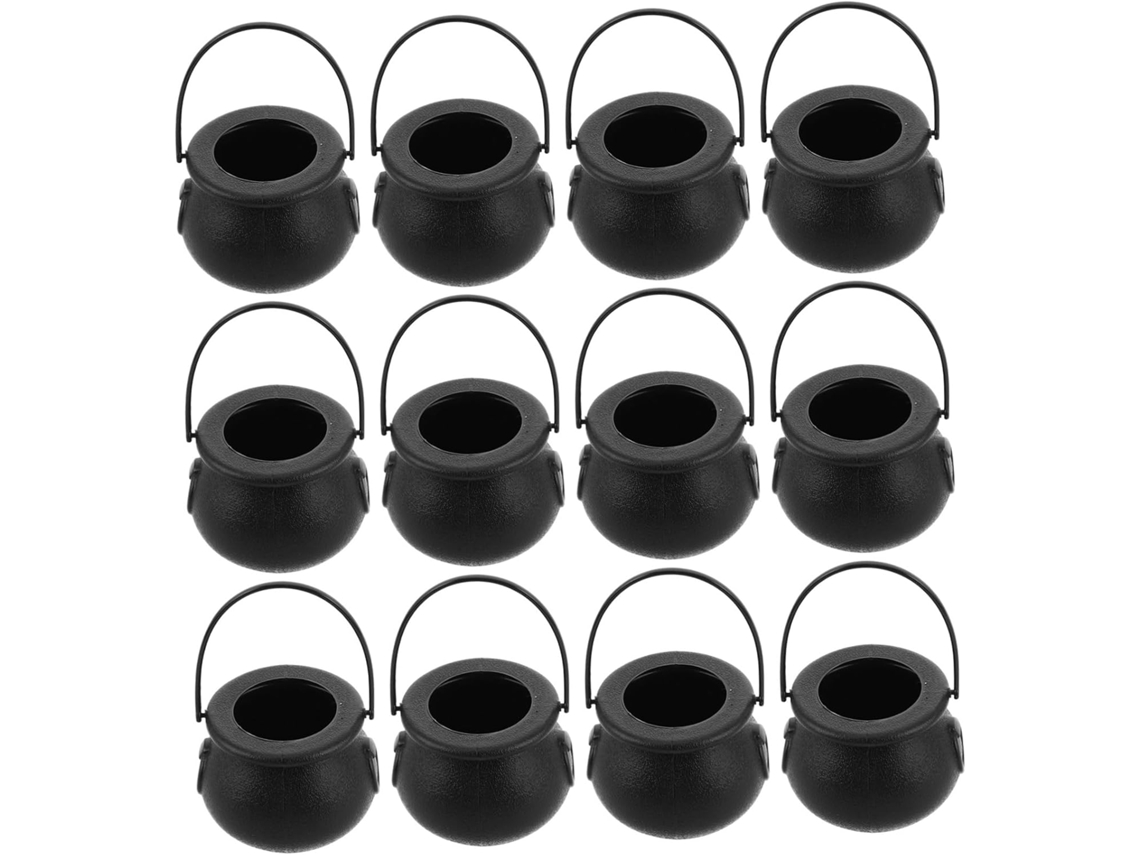 Caldero Negro De 12 Piezas Para Dulces De Halloween Con Asa, Pequeño Cubo Para Dulces De Bruja.